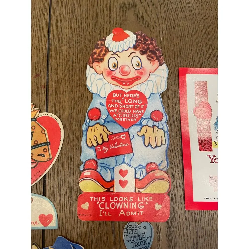 Lot of 14 Vintage Die Cut Valentine Cards Mechanical Children Animals Clown